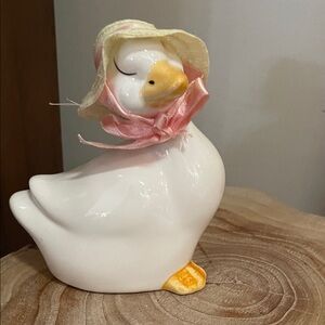 Ceramic Duck Figurine with Pink bow and straw Bonnet